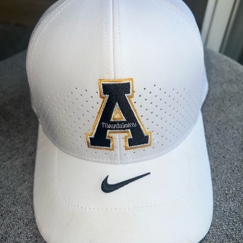 App State Nike White Cap with Black Swoosh and Gold Trim